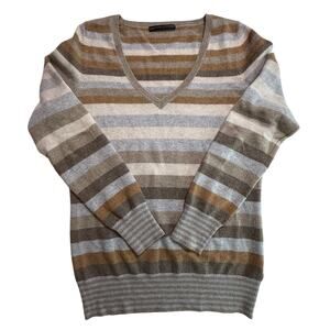 Marks & Spencer Pure Cashmere Striped V-Neck Sweater UK 12 (M/L) Camel Mix